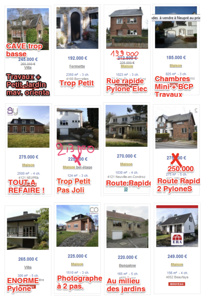 Liste des maisons visitées ou tout du moins, nous étions prêt à aller visiter.