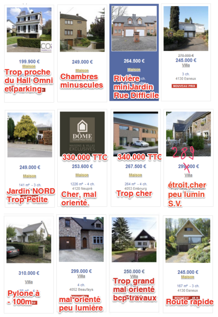 Liste des maisons visitées ou tout du moins, nous étions prêt à aller visiter.