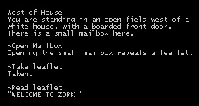 sample text from the adventure game zork player responses follow a single angle bracket