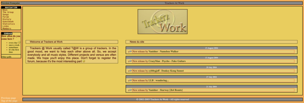 Le site web de Trackers@Work dans sa version orange en 2004.
