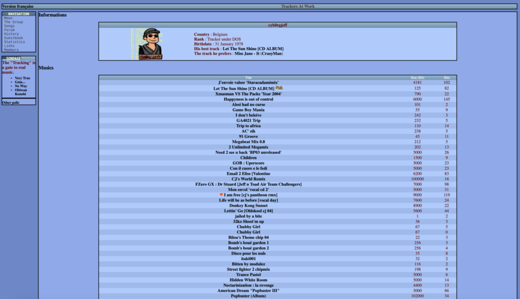 La page de Cyborg Jeff sur le site web de Trackers@Work dans sa version bleue, 2005.