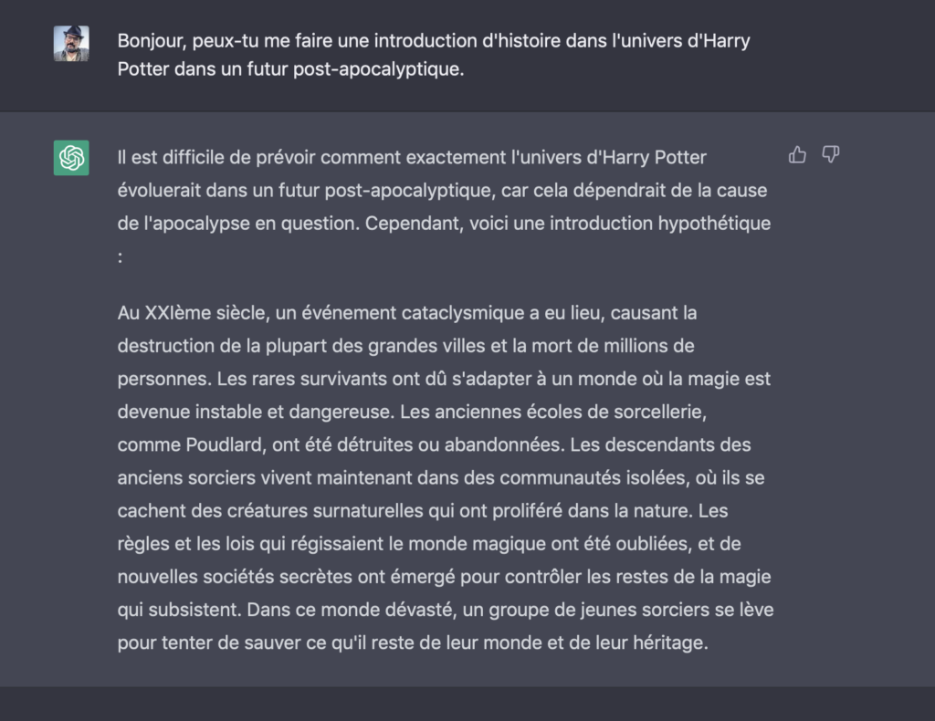 Bonjour, peux-tu me faire une introduction d'histoire dans l'univers d'Harry Potter dans un futur post-apocalyptique.