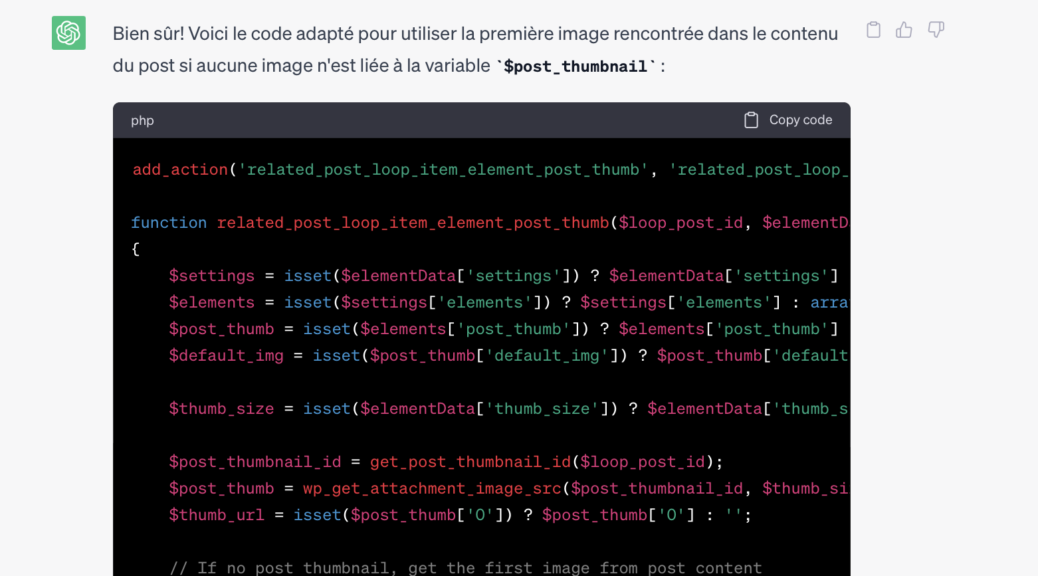 Maintenant, si aucun post thumbnail n'est disponible, la fonction récupérera la première image du contenu du post en utilisant une expression régulière pour extraire l'URL de l'image. Si une image est trouvée, elle sera utilisée comme image à afficher. Sinon, l'image par défaut sera utilisée.