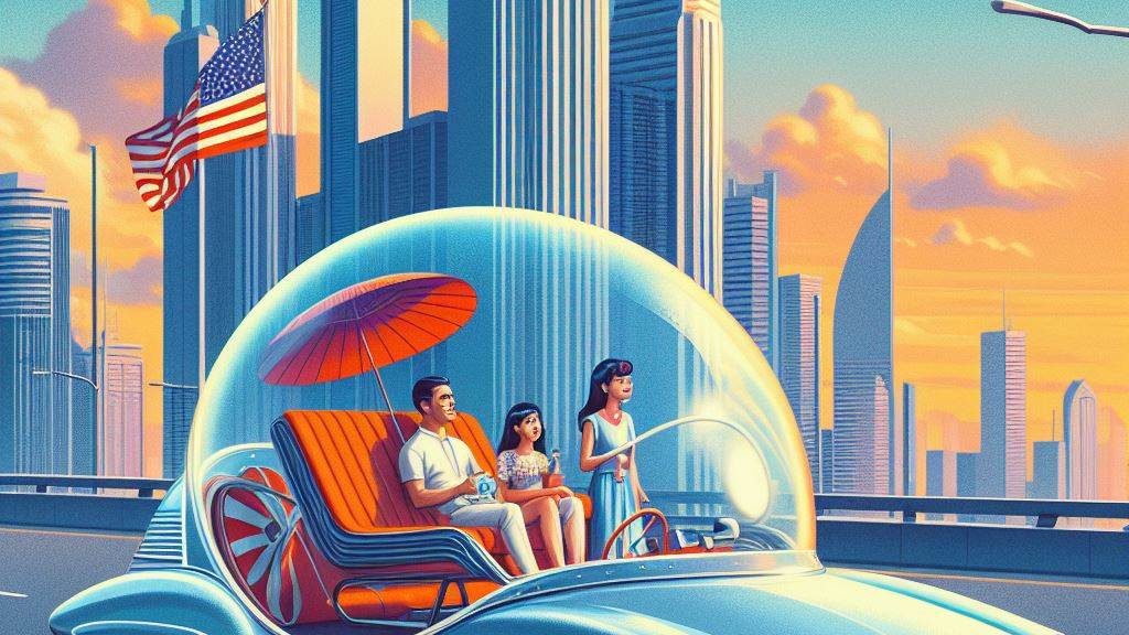 Create an image that reflects future transportation in the year 2050, inspired by the visual aesthetic of a 1960s advertisement. Maintain the original resolution of the provided image. Include a family inside the bubble car. -- créé via Copilot