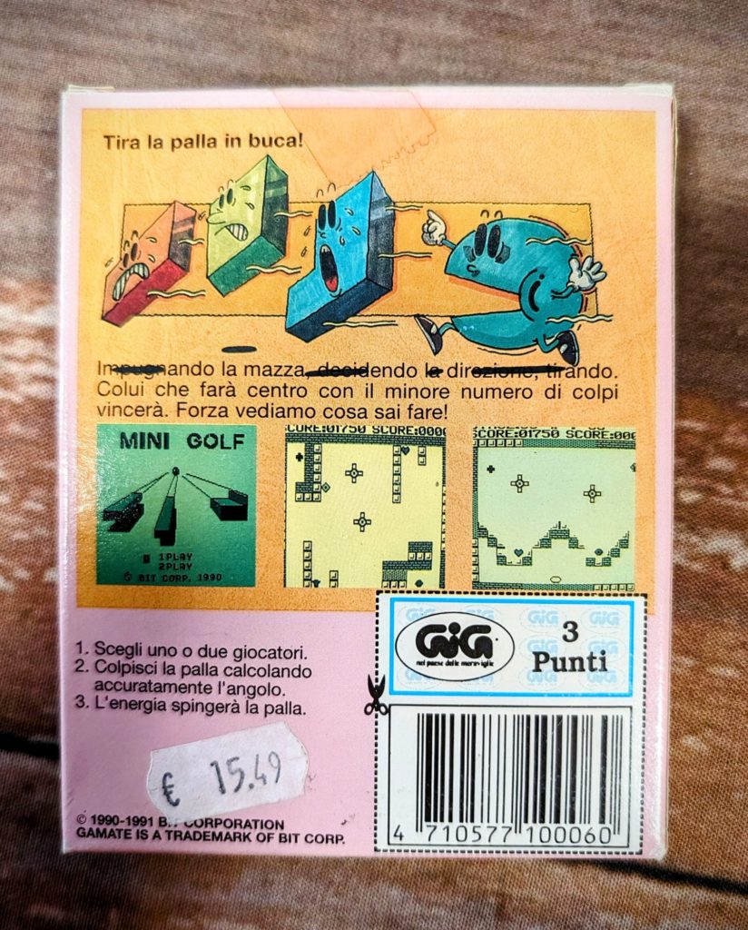 Le packaging italien de Mini Golf sur Gamate distribué par GIG.