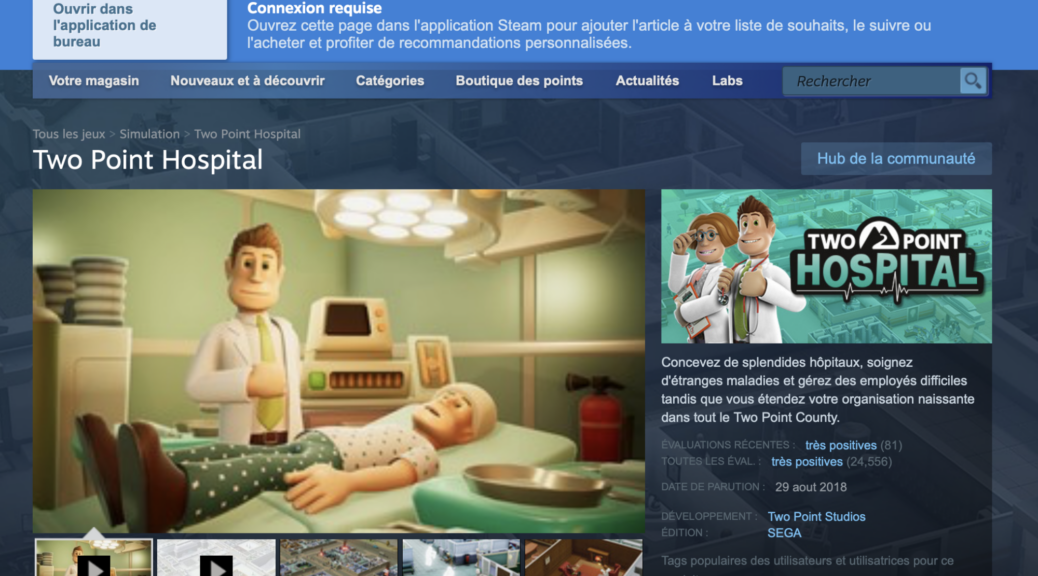 La Page Steam de Two Point Hospital develop par Two Point Studio. Novembre 2024