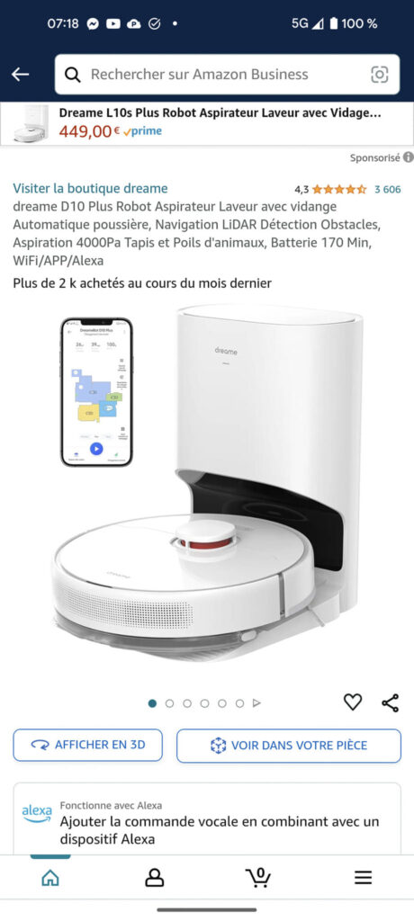 Aspirateur Robot Dreame D10 Plus sur Amazon -- Juin, 2024