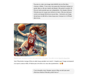 Prompt ChatGPT : Pourrais-tu créer une image style MANGA de ma fille Alice, cheveux châtain, 13 ans avec une queue de cheval qui marque un panier dans un de ses matchs de Basket. Elle porte le numéro 19. Elle est moins grande que ses coéquipières. Son équipe Alliance Flémalle joue en rouge avec écriture en blanc. Elle pourrait jouer contre une équipe féminine en jaune bleu. J'aimerais une image dynamique où elle fait un beau layup pour marquer en s'infiltrant dans le jeu.