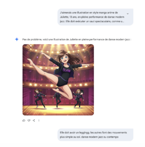 J'aimerais une illustration en style manga anime de Juliette, 13 ans, en pleine performance de danse modern jazz. Elle doit exécuter un saut spectaculaire, comme un grand jeté ou un split leap, sur scène. Elle est entourée de 4-5 autres danseuses du même âge en arrière-plan. Toutes portent une tenue noire avec "DLKM" en mauve. L’ambiance doit être dynamique, lumineuse et pleine d’énergie. ✨Soit attentif aux caractéristiques de Juliette que je t'ai fournies.