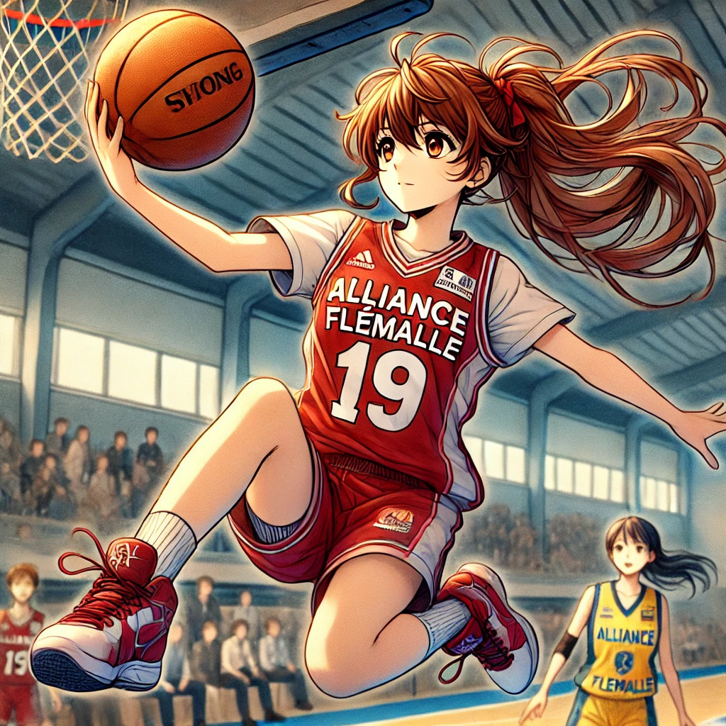 Pourrais-tu créer une image style MANGA de ma fille Alice, cheveux châtain, 13 ans avec une queue de cheval qui marque un panier dans un de ses matchs de Basket. Elle porte le numéro 19. Elle est moins grande que ses coéquipières. Son équipe Alliance Flémalle joue en rouge avec écriture en blanc. Elle pourrait jouer contre une équipe féminine en jaune bleu. J'aimerais une image dynamique où elle fait un beau layup pour marquer en s'infiltrant dans le jeu.