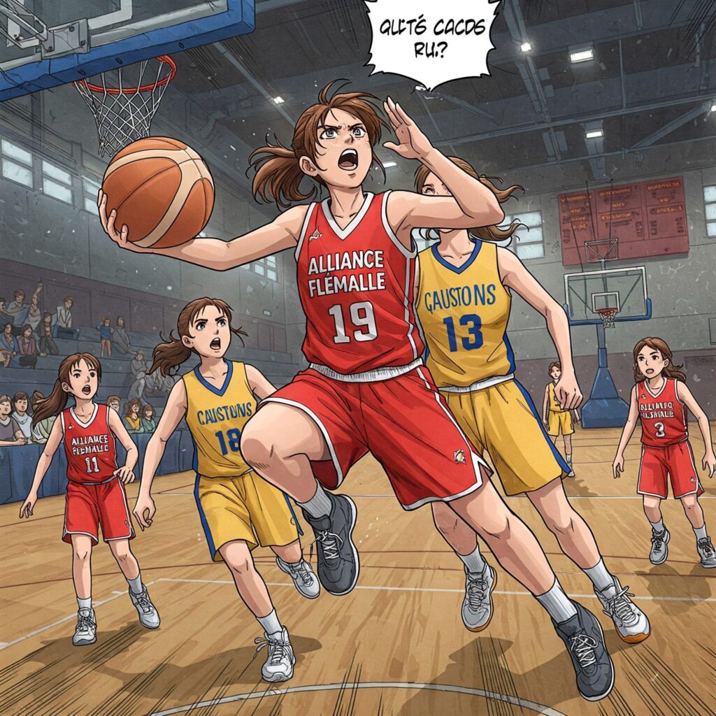 Pourrais-tu créer une image style MANGA de ma fille Alice, cheveux châtain, 13 ans avec une queue de cheval qui marque un panier dans un de ses matchs de Basket. Elle porte le numéro 19. Elle est moins grande que ses coéquipières. Son équipe Alliance Flémalle joue en rouge avec écriture en blanc. Elle pourrait jouer contre une équipe féminine en jaune bleu. J'aimerais une image dynamique où elle fait un beau layup pour marquer en s'infiltrant dans le jeu.