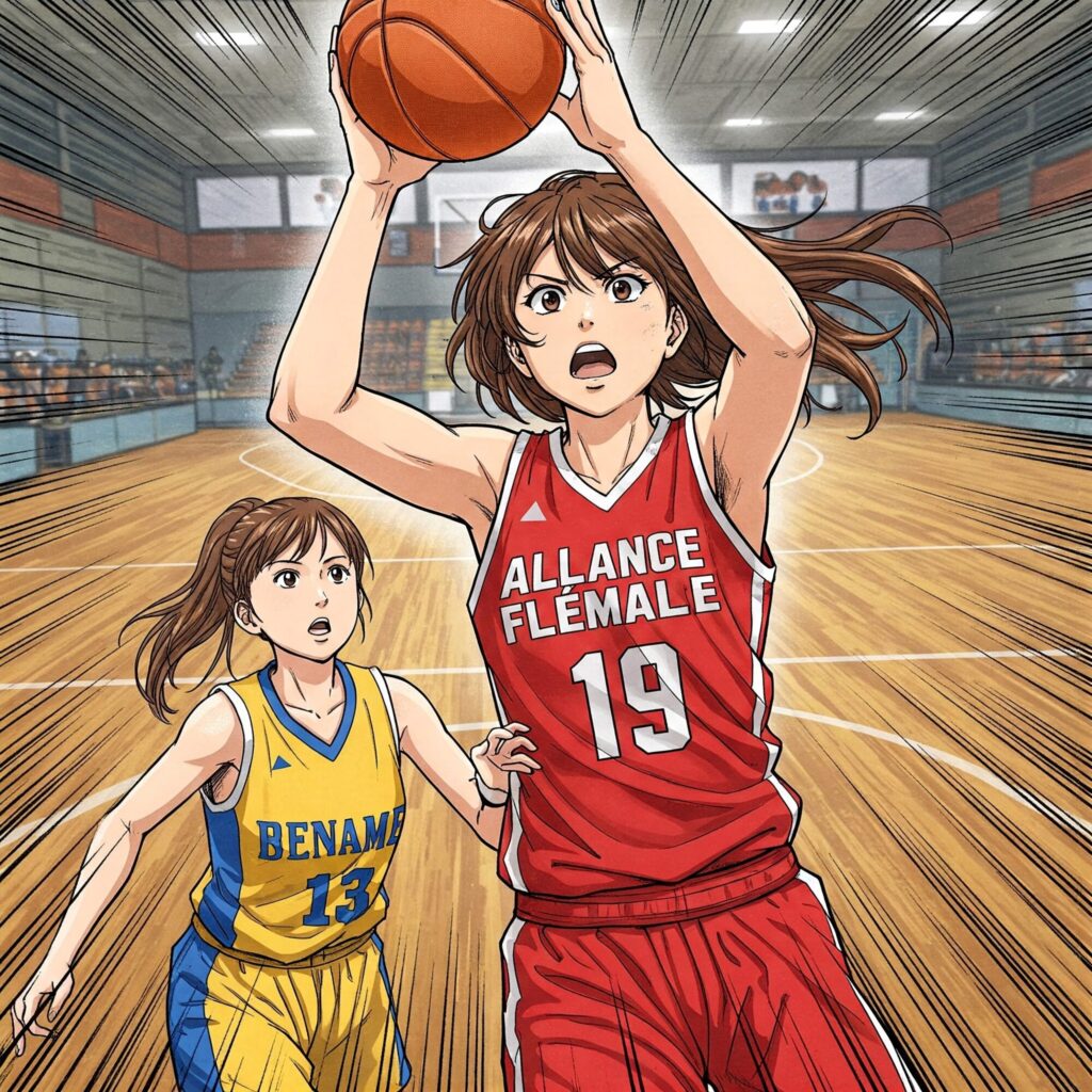 Pourrais-tu créer une image style MANGA de ma fille Alice, cheveux châtain, 13 ans avec une queue de cheval qui marque un panier dans un de ses matchs de Basket. Elle porte le numéro 19. Elle est moins grande que ses coéquipières. Son équipe Alliance Flémalle joue en rouge avec écriture en blanc. Elle pourrait jouer contre une équipe féminine en jaune bleu. J'aimerais une image dynamique où elle fait un beau layup pour marquer en s'infiltrant dans le jeu.