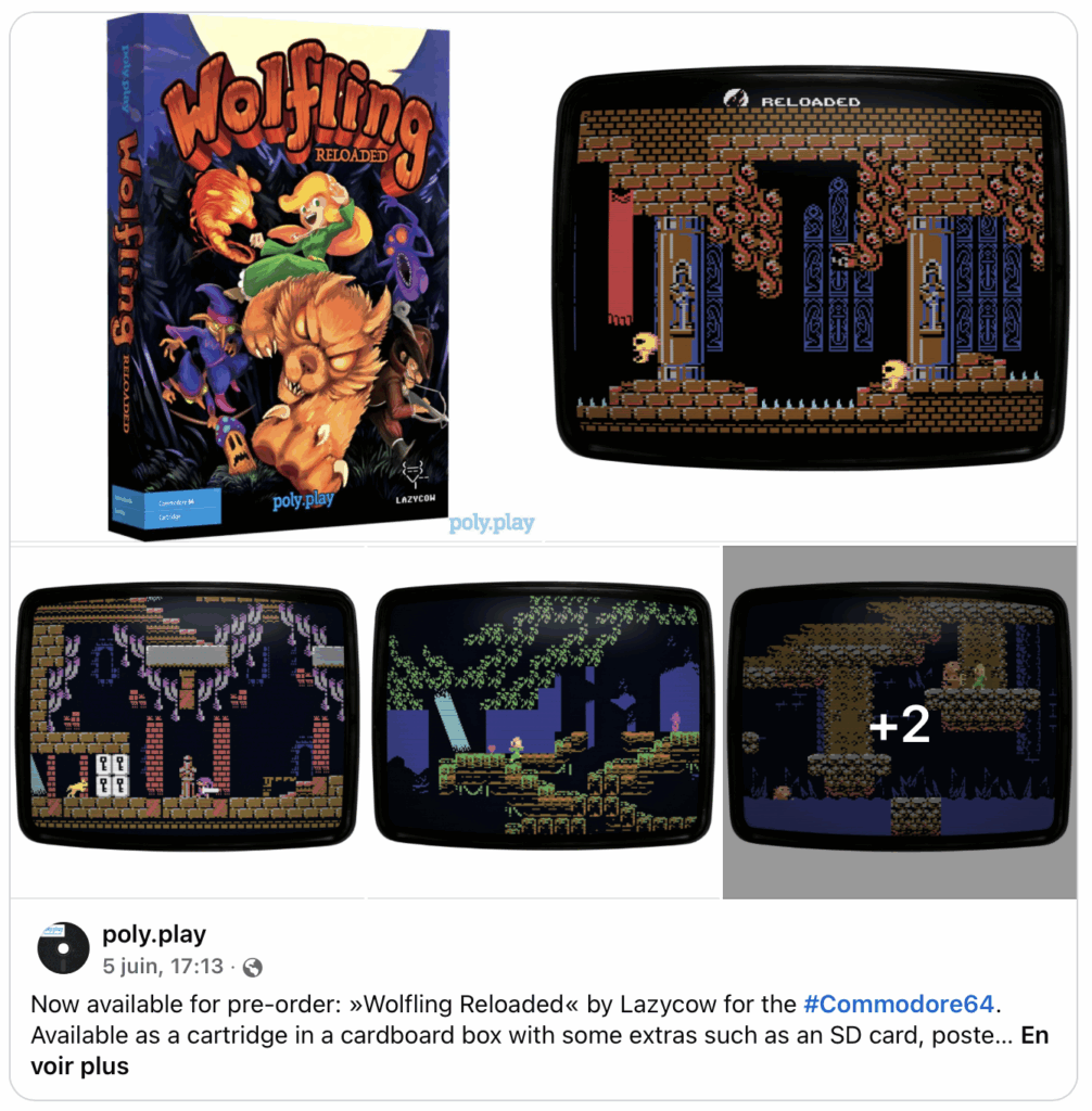 Now available for pre-order: »Wolfling Reloaded« by Lazycow for the #Commodore64. Available as a cartridge in a cardboard box with some extras such as an SD card, poster, manual, and a wolf figurine.