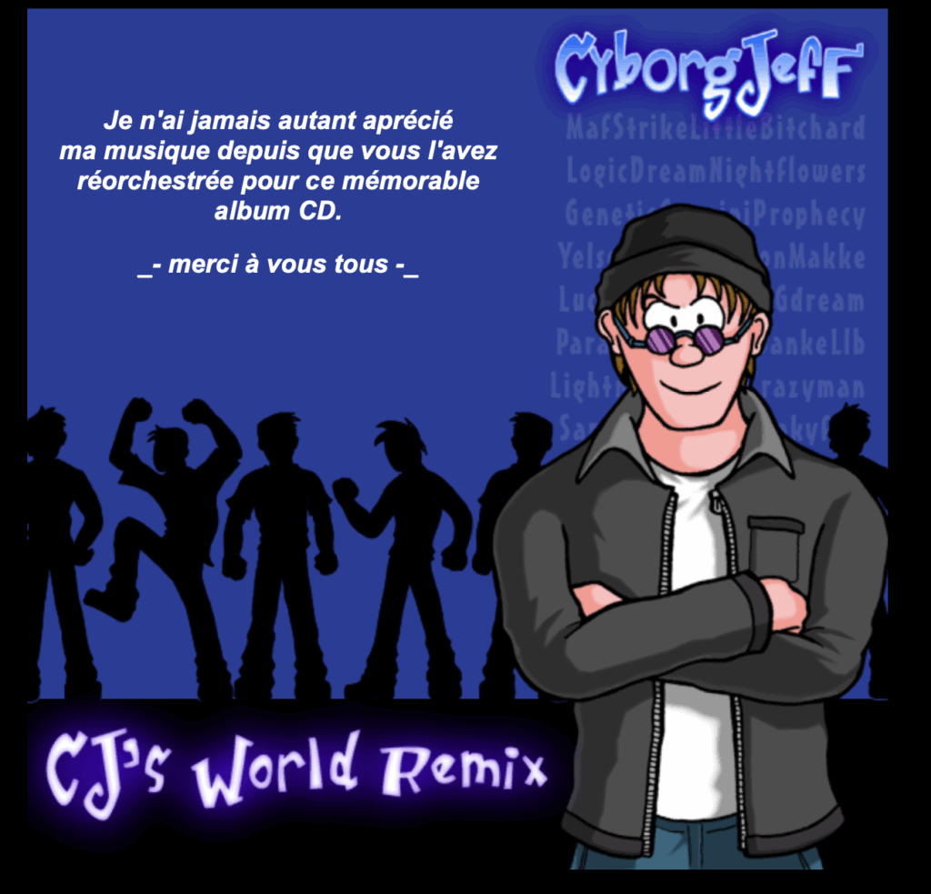 Le site web de sortie de l'album CJ's World Remix conçu en HTML et illustré par Sylvain Sarrailh. 2004