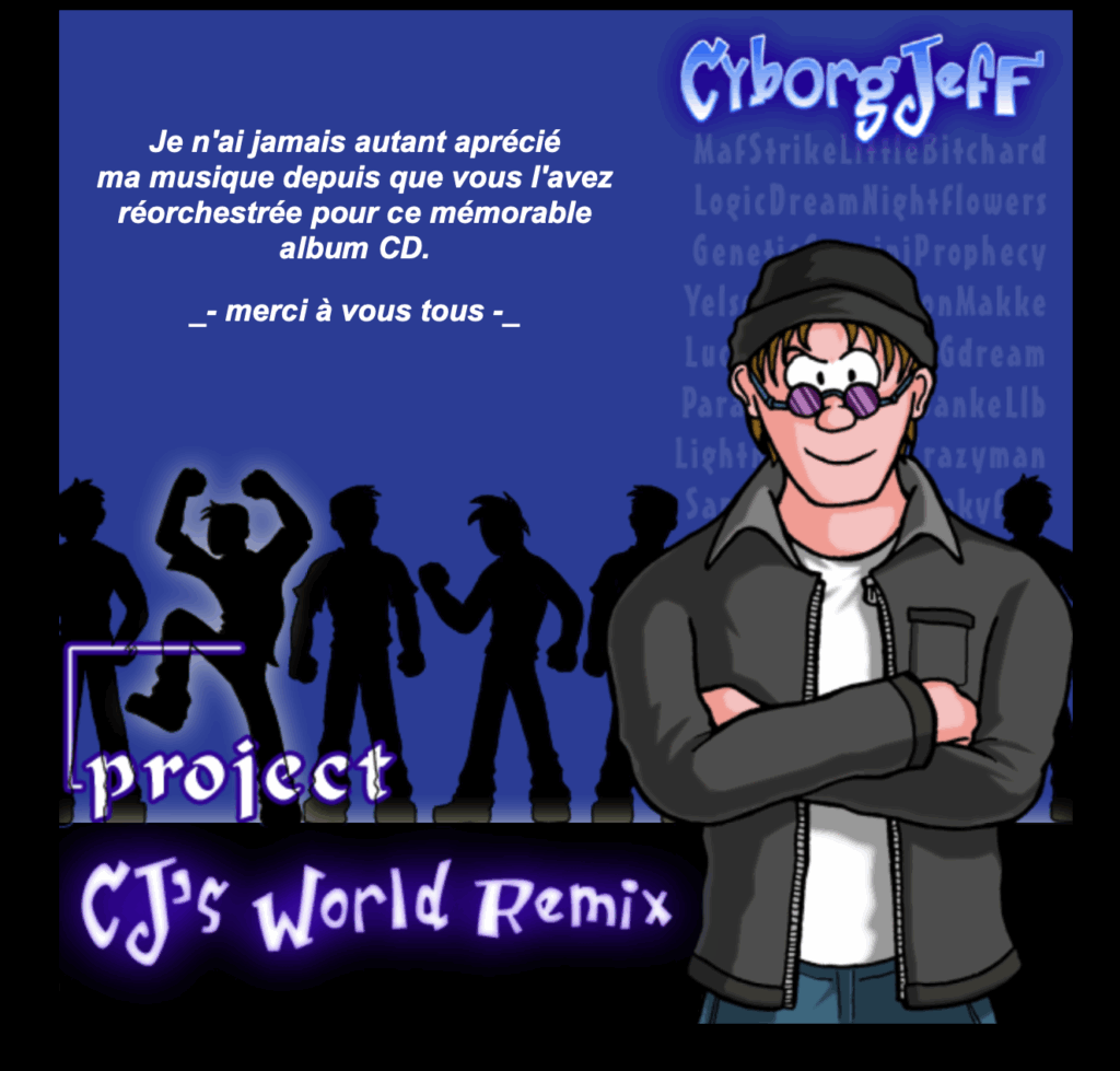 Le site web de sortie de l'album CJ's World Remix conçu en HTML et illustré par Sylvain Sarrailh. 2004