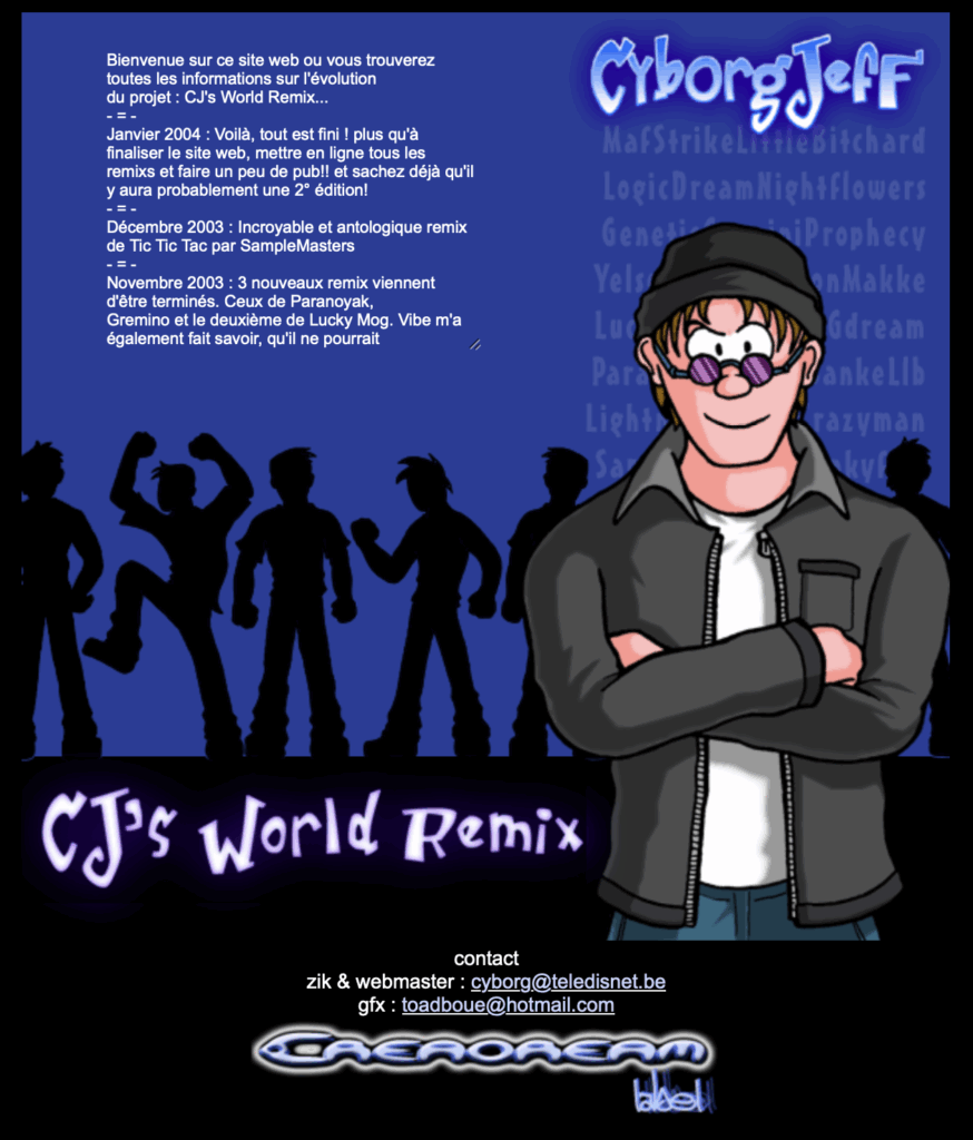 Le site web de sortie de l'album CJ's World Remix conçu en HTML et illustré par Sylvain Sarrailh. 2004