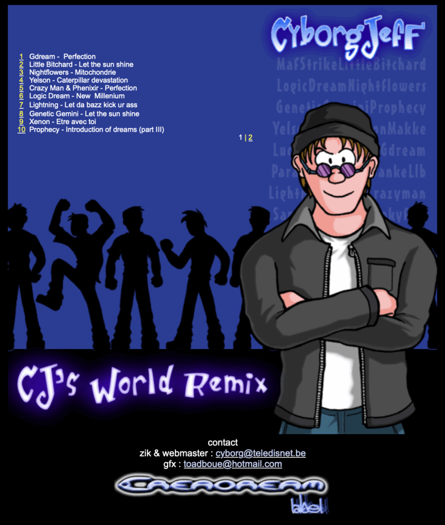 Le site web de sortie de l'album CJ's World Remix conçu en HTML et illustré par Sylvain Sarrailh. 2004