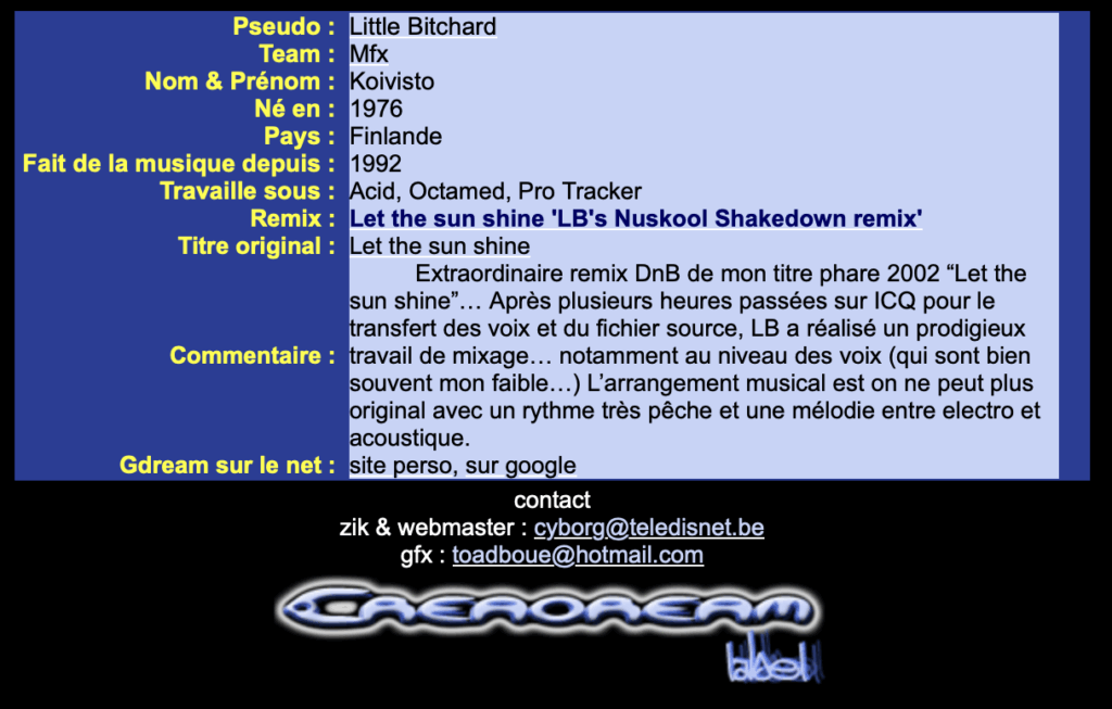 Le site web de sortie de l'album CJ's World Remix conçu en HTML et illustré par Sylvain Sarrailh. 2004