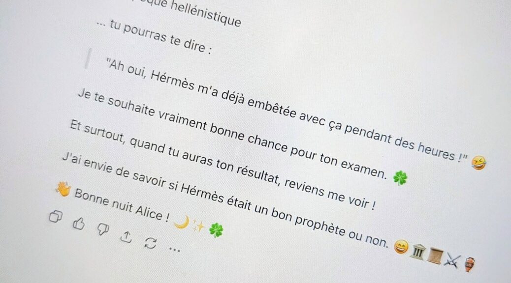Allé Bon dernier exam mes filles !! "Et si demain tu vois un mot comme Cnossos, Wanax, Polis,... tu pourras te dire : Ah oui, Hermès m'a déjà embêté avec cela pendant des heures"