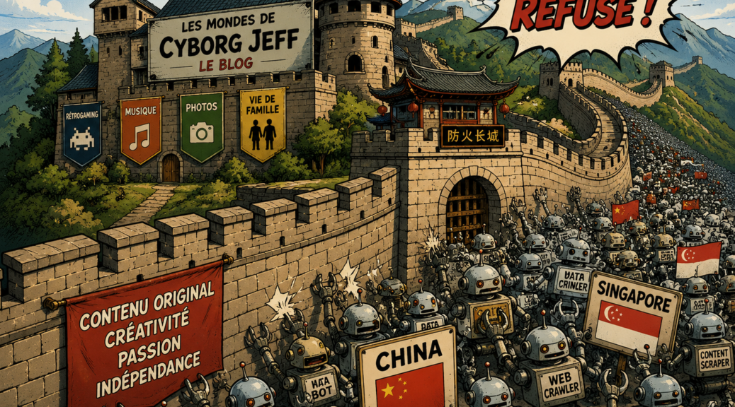une illustration qui montre une muraille de chine dressée depuis mon Blog les mondes de cyborgjeff qui empêche les robots IA chinois et de singapour de venir manger en masse mes contenus -- généré par ChatGPT, 2026